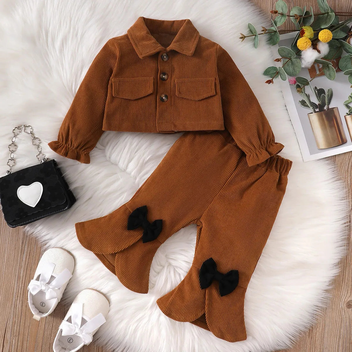 0-2-year-old newborn baby girls autumn and winter brown long-sleeved cardigan lapel jacket bow pants fashion suit Brown