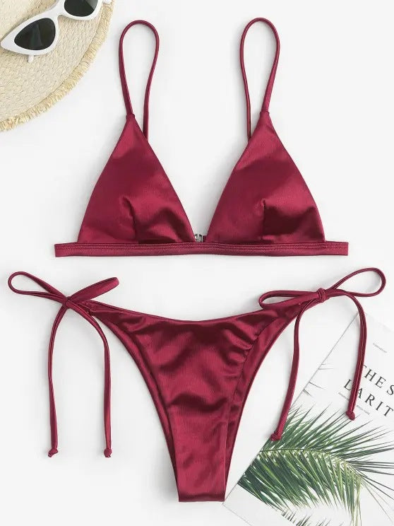 Three-point Bikini With Hanging Neck Solid And Simple Color Wine Red