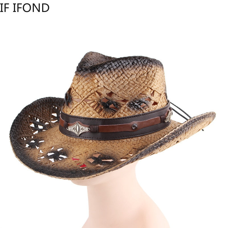 100% Natural Straw Women Men Western Cowboy Hat Summer Handmade Hollow Sombrero Hombre Beach Sun Hat Cowgirl Jazz Hat