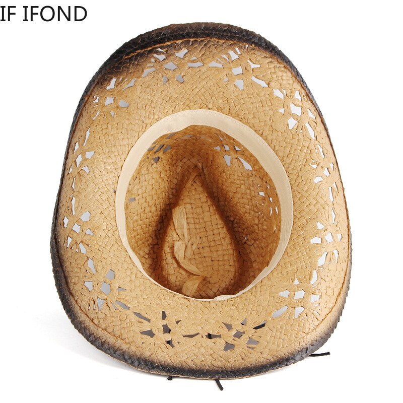 100% Natural Straw Women Men Western Cowboy Hat Summer Handmade Hollow Sombrero Hombre Beach Sun Hat Cowgirl Jazz Hat