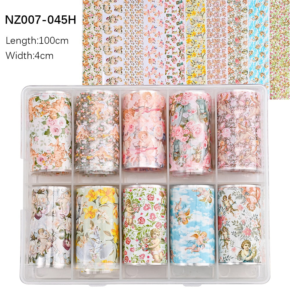 100 Patterns Animal Nail Foils 10ROLLS BOXED Transfer Paper Stickers Sliders DIY Water Marble Boxed Nail Foil NZ-1H 38