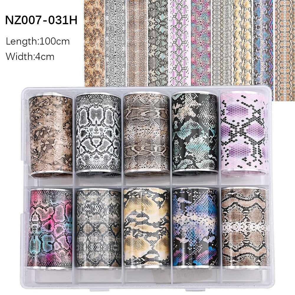 100 Patterns Animal Nail Foils 10ROLLS BOXED Transfer Paper Stickers Sliders DIY Water Marble Boxed Nail Foil NZ-1H 33