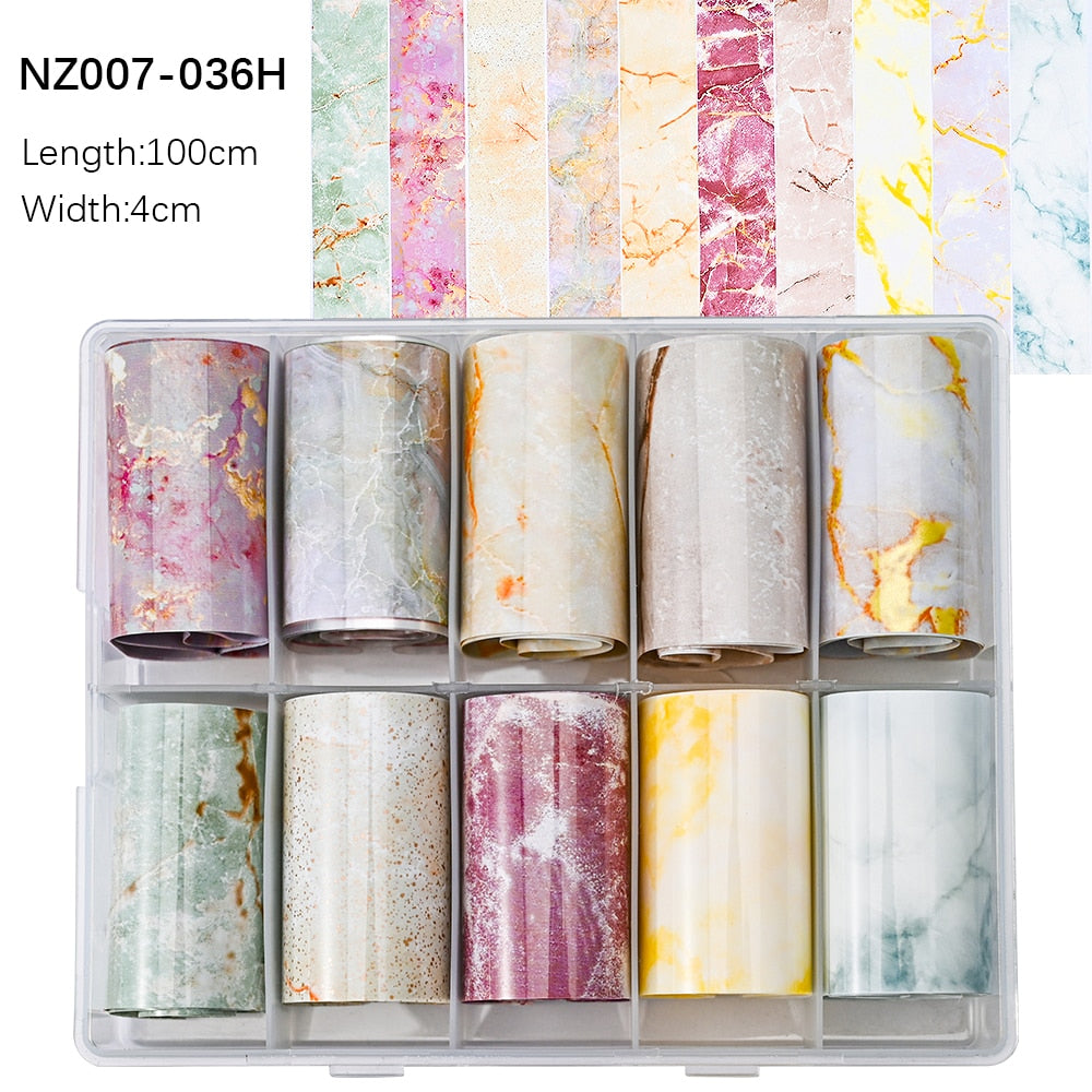 100 Patterns Animal Nail Foils 10ROLLS BOXED Transfer Paper Stickers Sliders DIY Water Marble Boxed Nail Foil NZ-1H 34