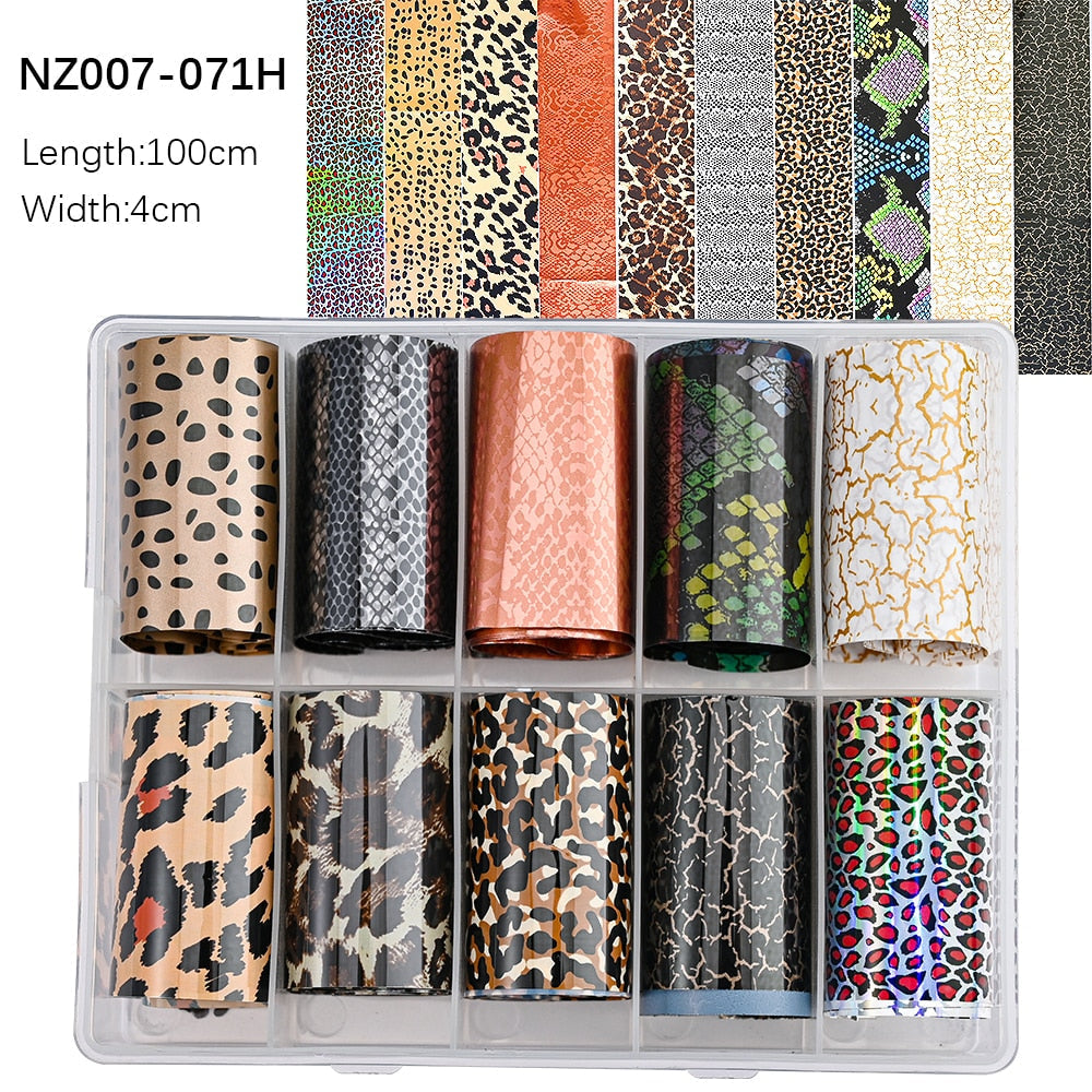 100 Patterns Animal Nail Foils 10ROLLS BOXED Transfer Paper Stickers Sliders DIY Water Marble Boxed Nail Foil NZ-1H 57