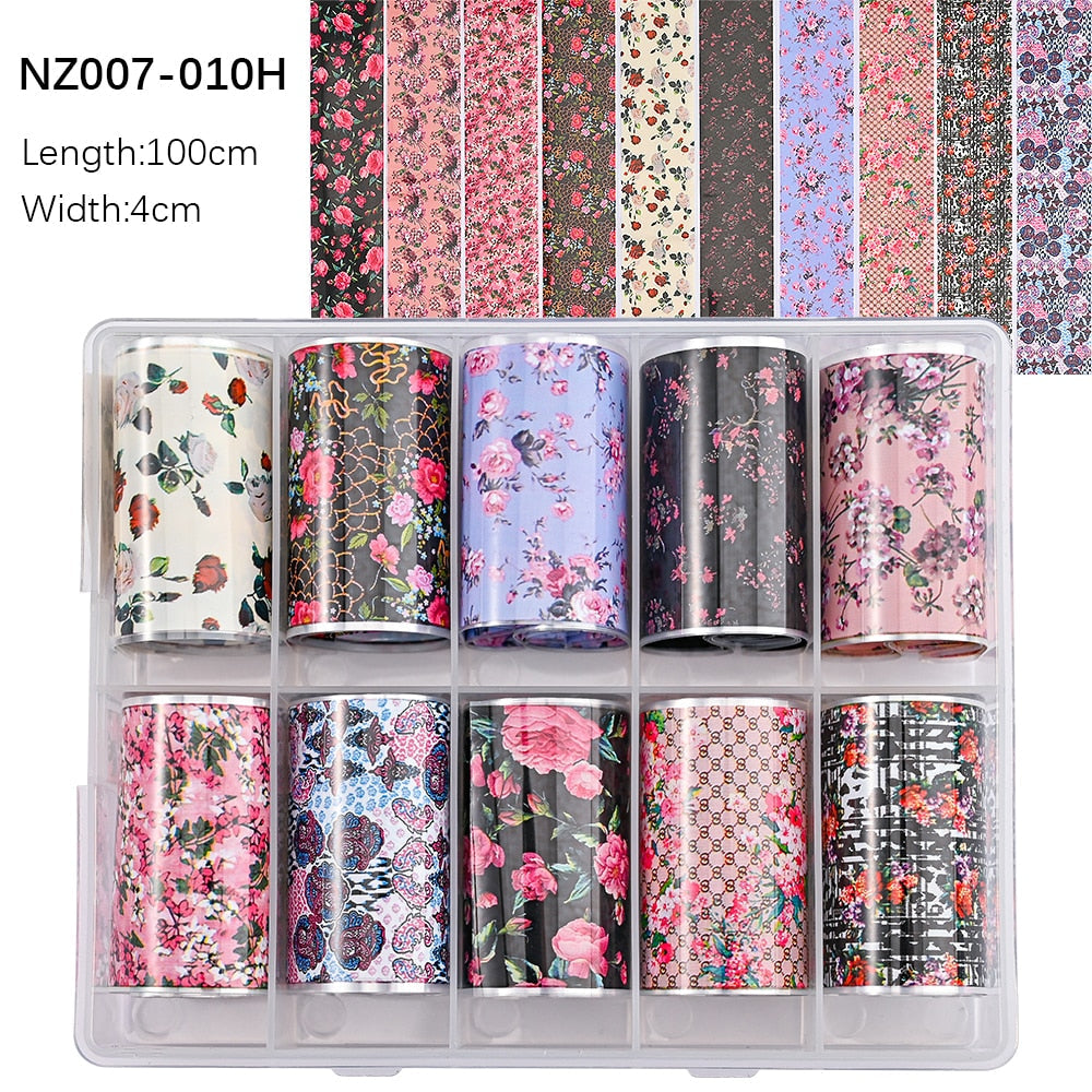 100 Patterns Animal Nail Foils 10ROLLS BOXED Transfer Paper Stickers Sliders DIY Water Marble Boxed Nail Foil NZ-1H 20