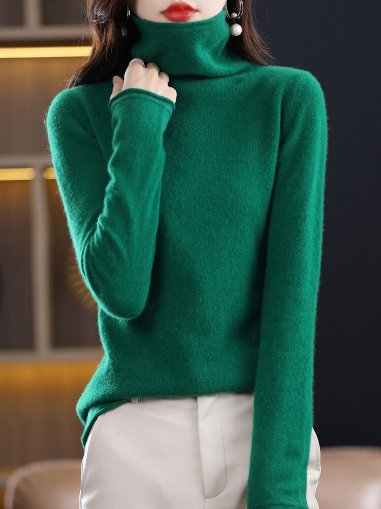 100% Pure Wool Women Sweater Autumn Winter Fashion Pile Collar Pullover Cashmere Sweater Casual Long-sleeved Knitted Tops Green