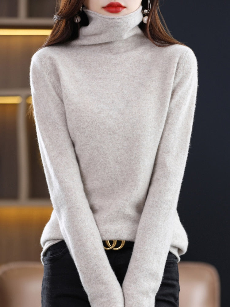 100% Pure Wool Women Sweater Autumn Winter Fashion Pile Collar Pullover Cashmere Sweater Casual Long-sleeved Knitted Tops Light Camel