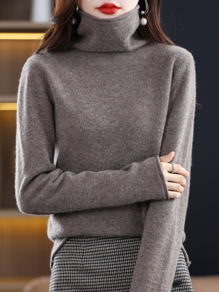 100% Pure Wool Women Sweater Autumn Winter Fashion Pile Collar Pullover Cashmere Sweater Casual Long-sleeved Knitted Tops Dark Camel