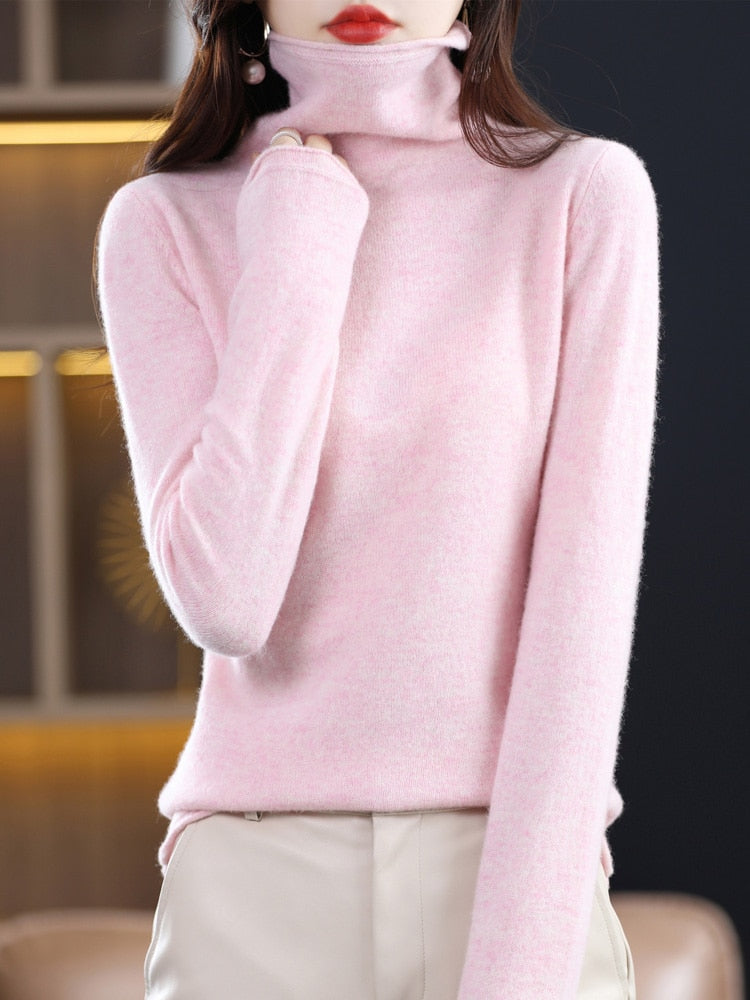 100% Pure Wool Women Sweater Autumn Winter Fashion Pile Collar Pullover Cashmere Sweater Casual Long-sleeved Knitted Tops Pink
