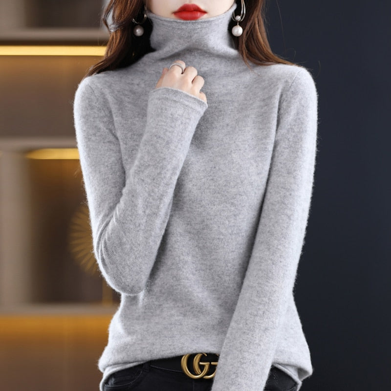 100% Pure Wool Women Sweater Autumn Winter Fashion Pile Collar Pullover Cashmere Sweater Casual Long-sleeved Knitted Tops