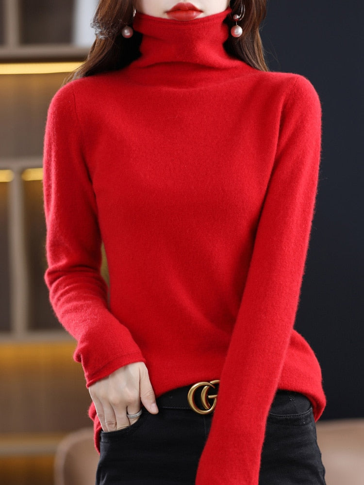 100% Pure Wool Women Sweater Autumn Winter Fashion Pile Collar Pullover Cashmere Sweater Casual Long-sleeved Knitted Tops Red