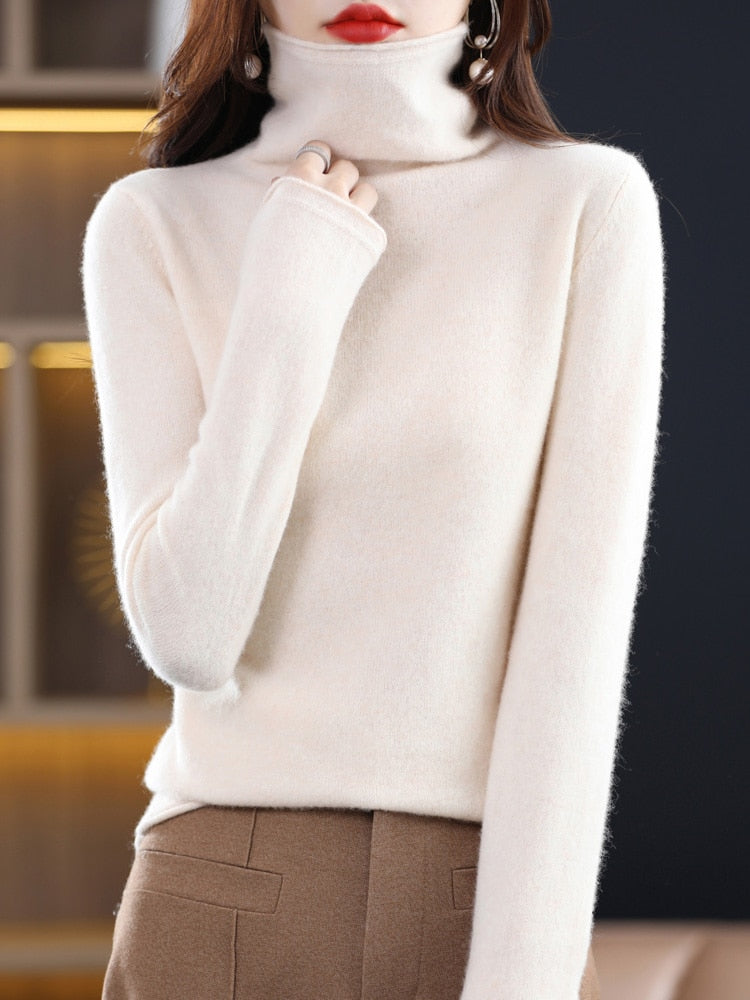 100% Pure Wool Women Sweater Autumn Winter Fashion Pile Collar Pullover Cashmere Sweater Casual Long-sleeved Knitted Tops Beige