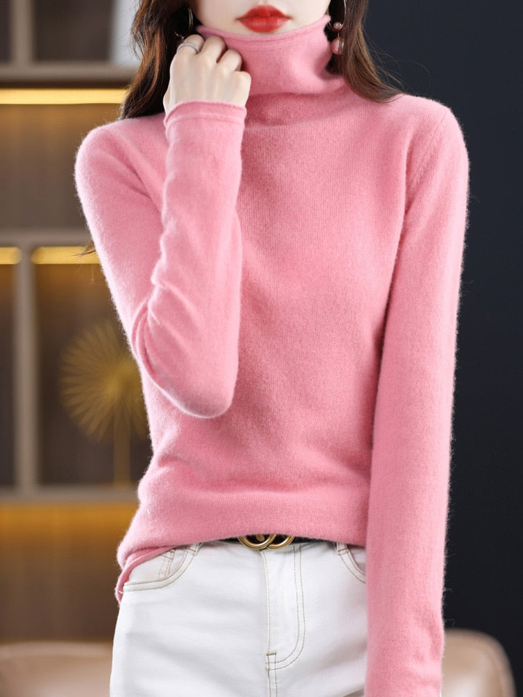 100% Pure Wool Women Sweater Autumn Winter Fashion Pile Collar Pullover Cashmere Sweater Casual Long-sleeved Knitted Tops Pi Pink