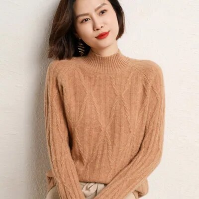 100% wool cashmere sweater 2022 autumn and winter new women's half turtleneck pullover casual solid color jacket knitted top golden camel