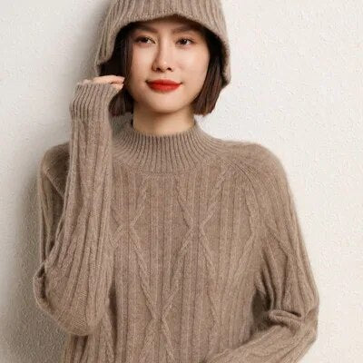 100% wool cashmere sweater 2022 autumn and winter new women's half turtleneck pullover casual solid color jacket knitted top light tan