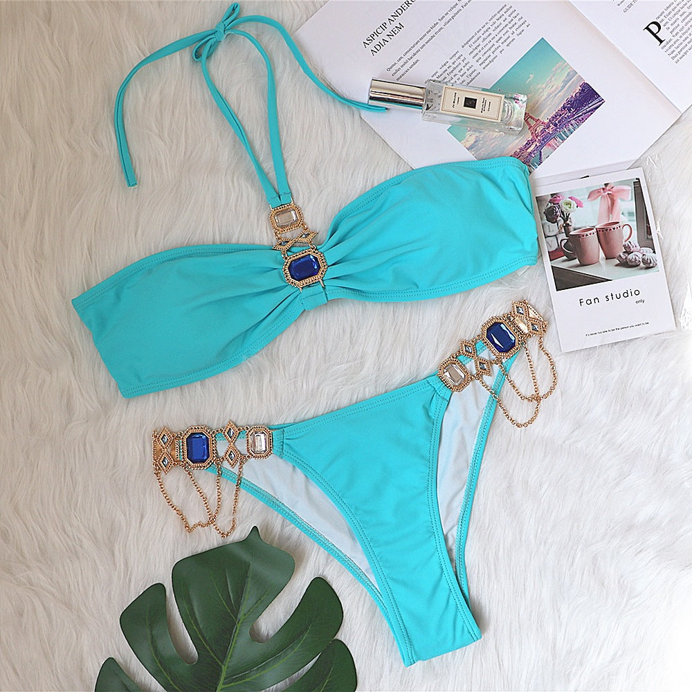 Sexy Luxury Crystal Diamond Chain Female Split Swimsuit Sky Blue