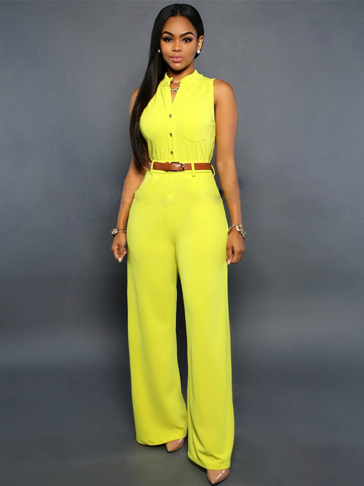 Single-Breasted High-Waisted Wide-Leg Jumpsuit With Belt Yellow