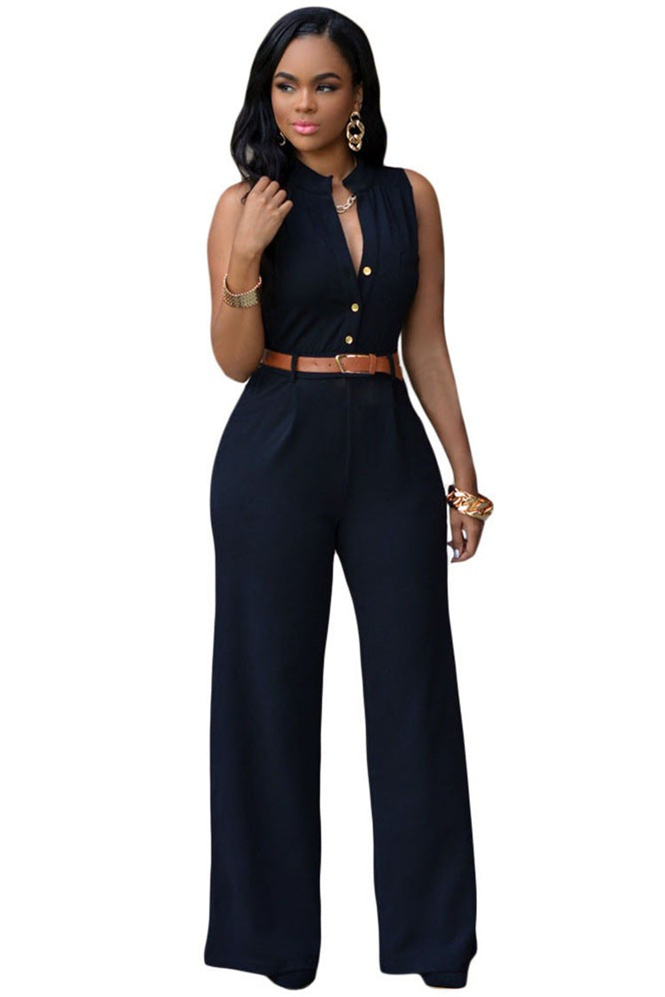 Single-Breasted High-Waisted Wide-Leg Jumpsuit With Belt Black