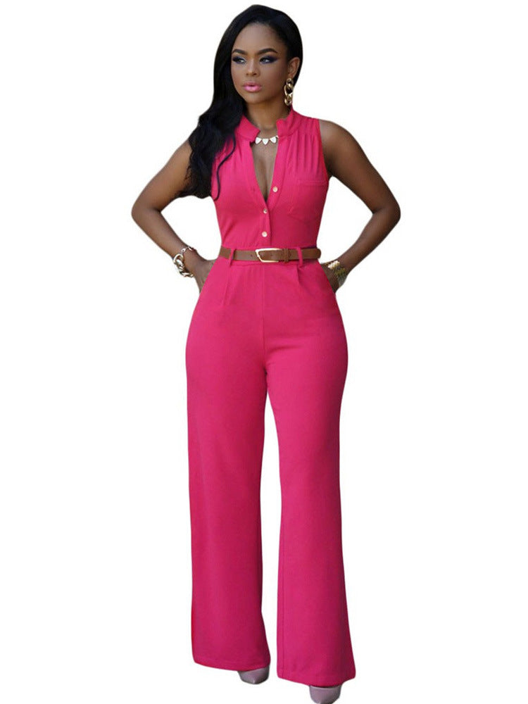 Single-Breasted High-Waisted Wide-Leg Jumpsuit With Belt Pink