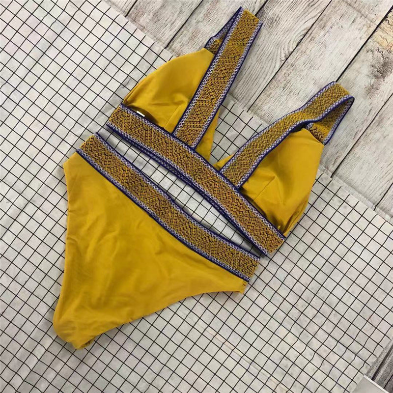 Sexy Triangle Color Matching High Waisted Sports Swimsuit European And American New Holiday Backless Bikini Khaki
