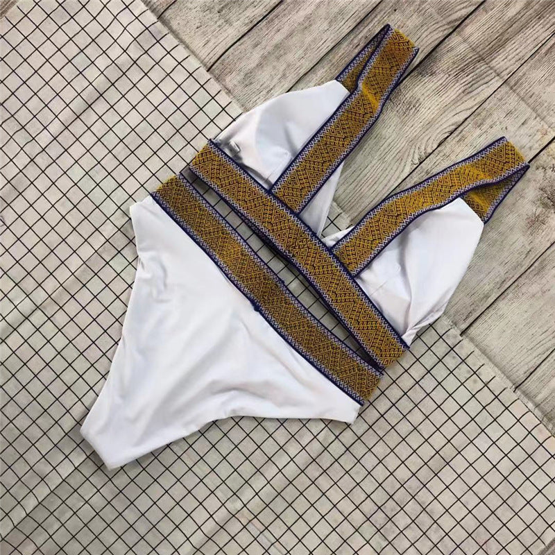 Sexy Triangle Color Matching High Waisted Sports Swimsuit European And American New Holiday Backless Bikini White