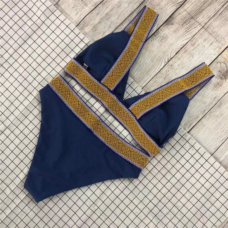 Sexy Triangle Color Matching High Waisted Sports Swimsuit European And American New Holiday Backless Bikini Blue