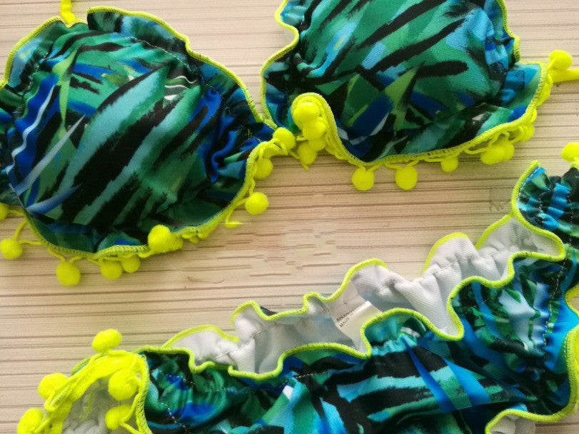 Triangular Pleated Ball And Ball Bikini Women's Swimsuit as shown