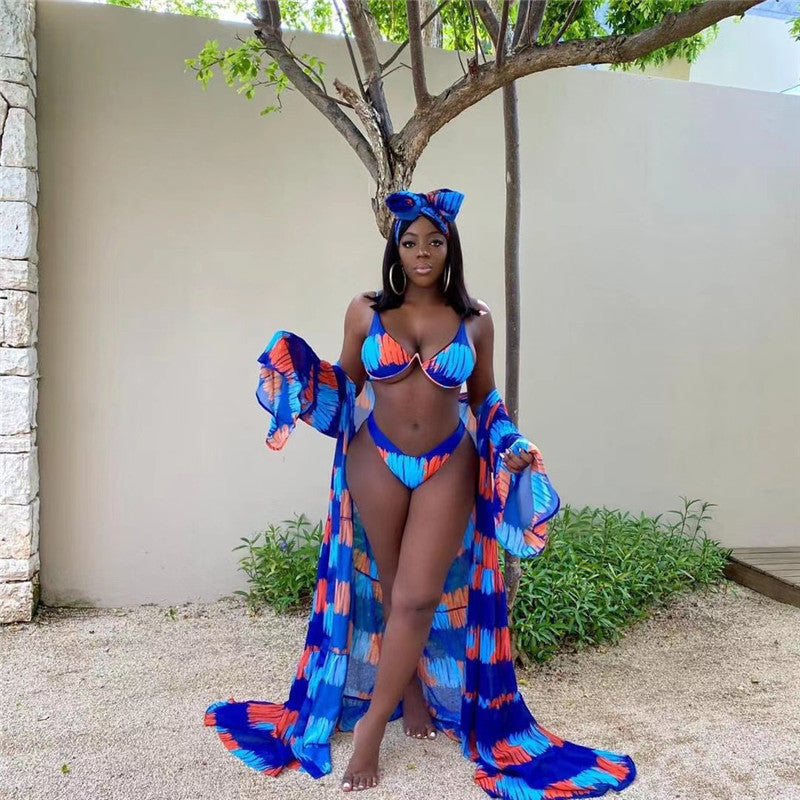 Sexy Spring And Summer Digital Printing Split Swimsuit Three-piece Suit Blue