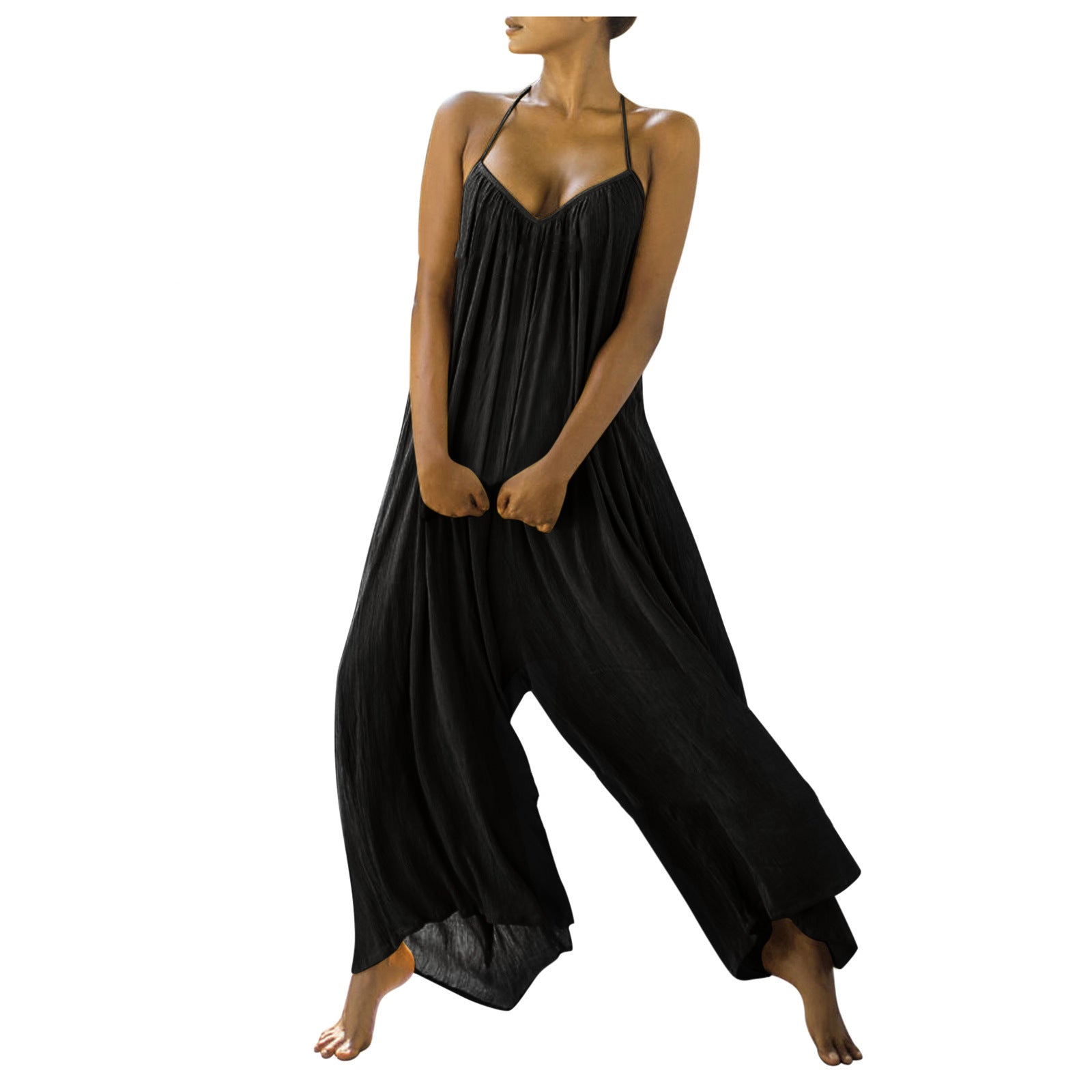 Solid Color One Piece Sleeveless Sports Loose Women's Jumpsuit Black