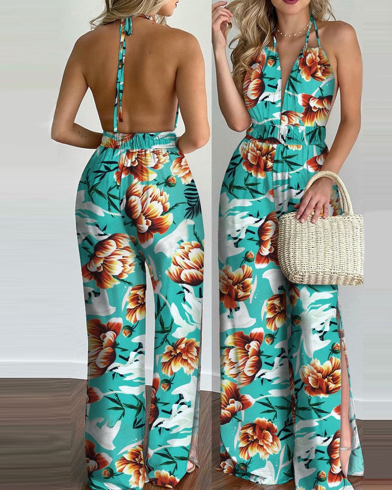 Printed Halterneck Sexy Split Jumpsuit Women Blue