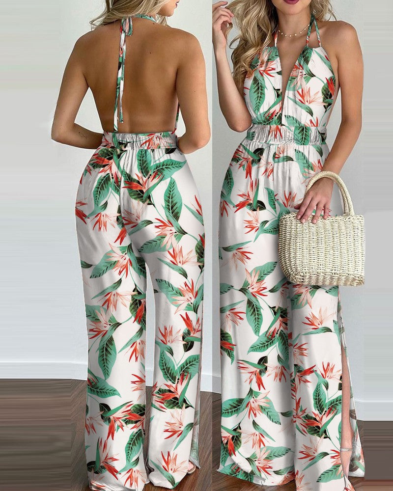 Printed Halterneck Sexy Split Jumpsuit Women White