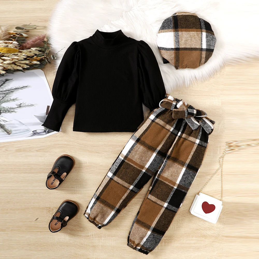 18M-6Y Autumn Girls Suit Children Solid Color Puff Sleeve Top+Bow Plaid Pants+Hat 3PCS Girls Fashion Festival Outfit Black