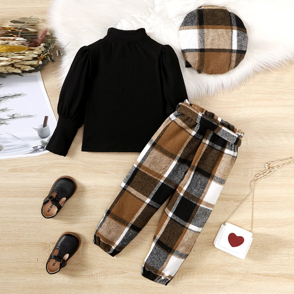 18M-6Y Autumn Girls Suit Children Solid Color Puff Sleeve Top+Bow Plaid Pants+Hat 3PCS Girls Fashion Festival Outfit