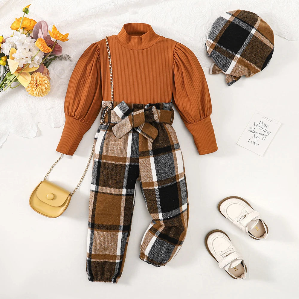 18M-6Y Autumn Girls Suit Children Solid Color Puff Sleeve Top+Bow Plaid Pants+Hat 3PCS Girls Fashion Festival Outfit