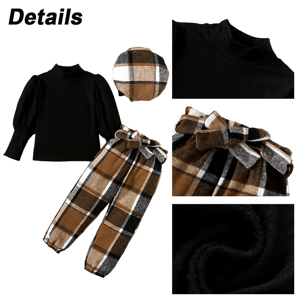 18M-6Y Autumn Girls Suit Children Solid Color Puff Sleeve Top+Bow Plaid Pants+Hat 3PCS Girls Fashion Festival Outfit