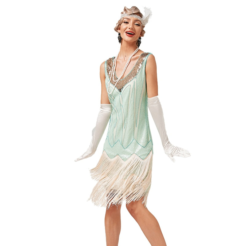 1920s Vintage Dress Beaded Sequin 30S Flapper Dresses Prom Wedding Women Vintage Dress V Neck Beaded Fringed Tassels Light Green