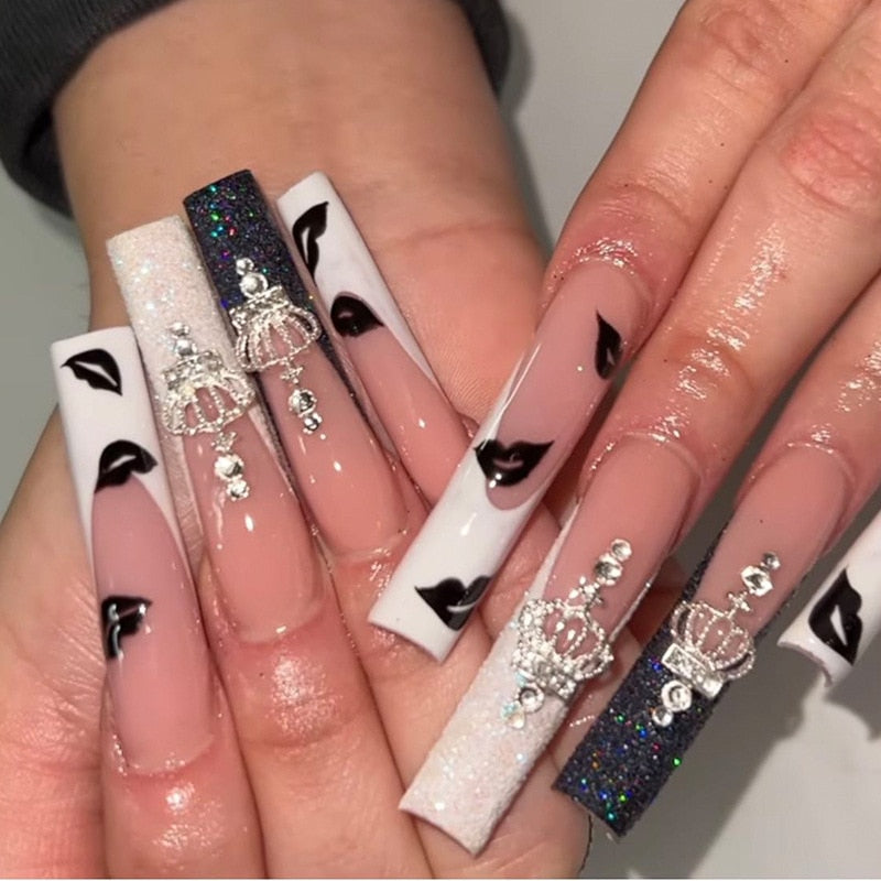 1Kit Gradient Ramp Purple Nail Tips Long Square Ballerina Luxury Nail Decoration With Rhinestones Home DIY Press On Coffin Nails JP1593