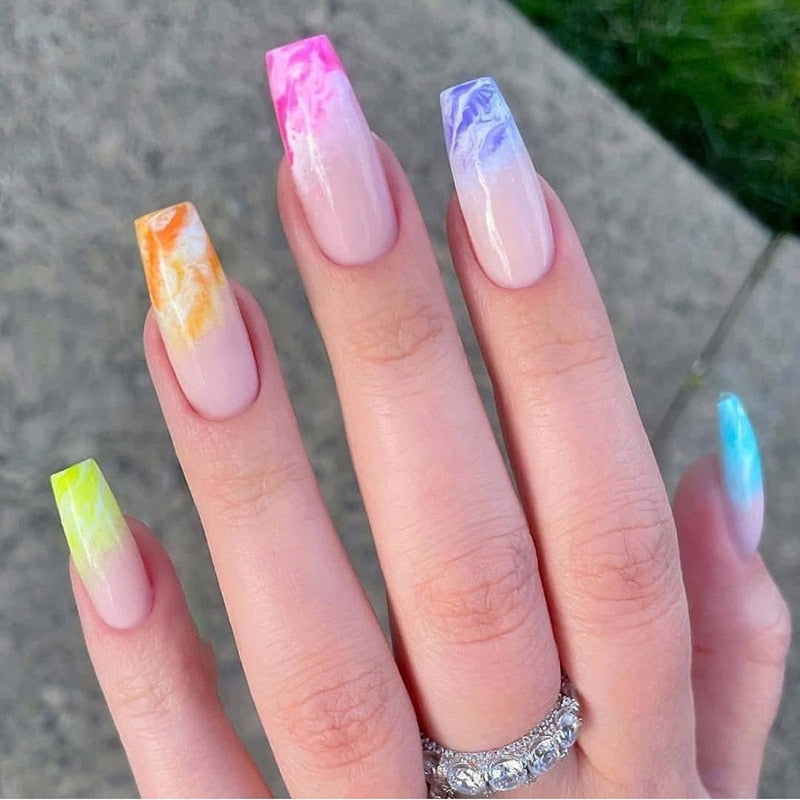1Kit Gradient Ramp Purple Nail Tips Long Square Ballerina Luxury Nail Decoration With Rhinestones Home DIY Press On Coffin Nails CY-32