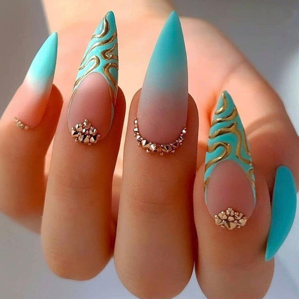 1Kit Gradient Ramp Purple Nail Tips Long Square Ballerina Luxury Nail Decoration With Rhinestones Home DIY Press On Coffin Nails