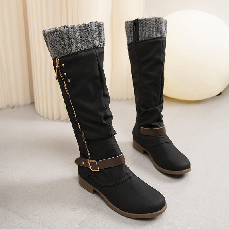 Plus Size Long Tube Women's Boots Chunky Heel Side Zip Wool Stitching Black