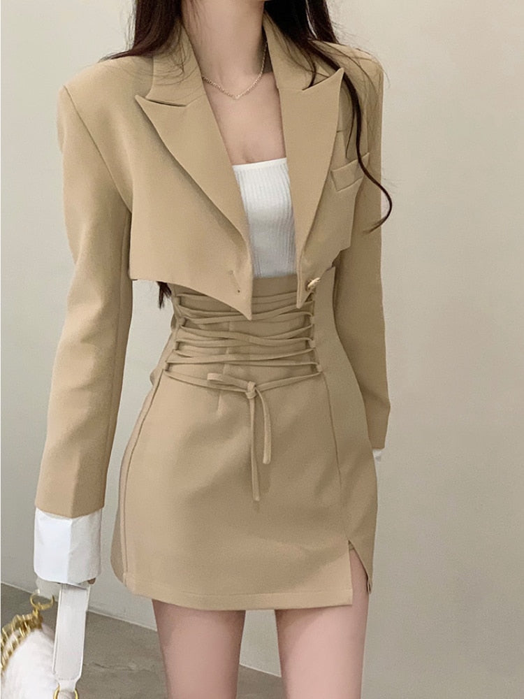 2 Piece Dress Set Women Casual Y2k Crop Tops Elegant Jacket Coats + Mini Skirts Korean Fashion Suits Autumn Blazers Dress Khaki