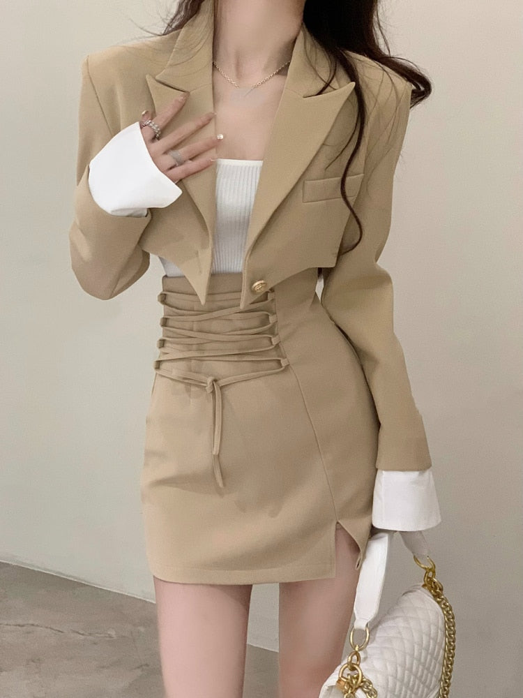 2 Piece Dress Set Women Casual Y2k Crop Tops Elegant Jacket Coats + Mini Skirts Korean Fashion Suits Autumn Blazers Dress