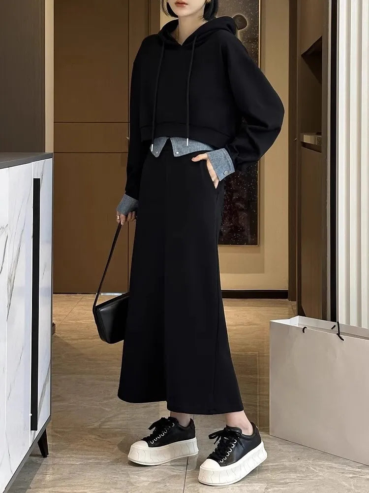 2 Piece Set Skirt and Top 2024 Autumn Korean Fashion Solid Long Sleeve Hooded Sweater Casual Skirt Sets Matching Sets Dress Sets Black