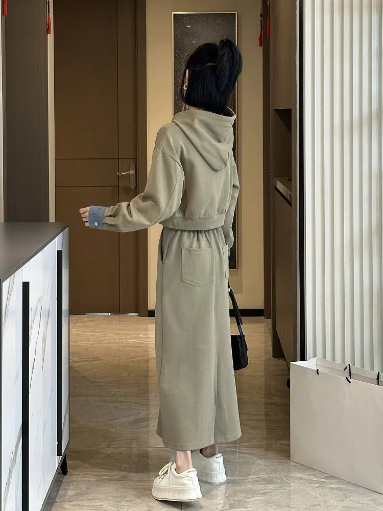 2 Piece Set Skirt and Top 2024 Autumn Korean Fashion Solid Long Sleeve Hooded Sweater Casual Skirt Sets Matching Sets Dress Sets