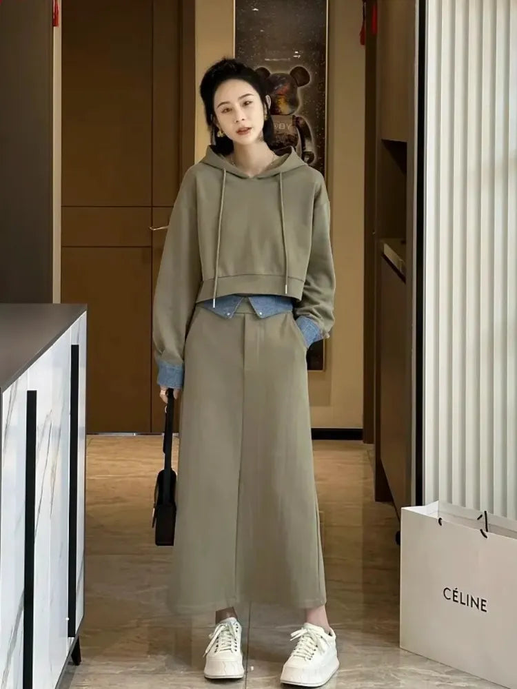 2 Piece Set Skirt and Top 2024 Autumn Korean Fashion Solid Long Sleeve Hooded Sweater Casual Skirt Sets Matching Sets Dress Sets Khaki Green