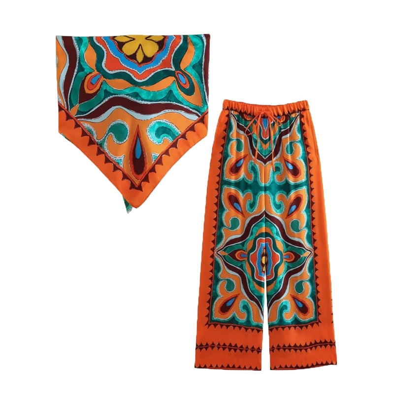 2-piece Pants Set Summer - New Women's Fashion Printed Suspenders Elastic Waist Suits Chic Elegant Holiday Set 2 piece set 1