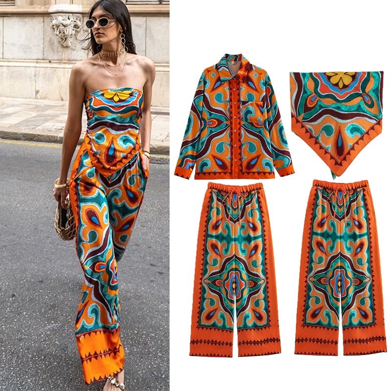 2-piece Pants Set Summer - New Women's Fashion Printed Suspenders Elastic Waist Suits Chic Elegant Holiday Set