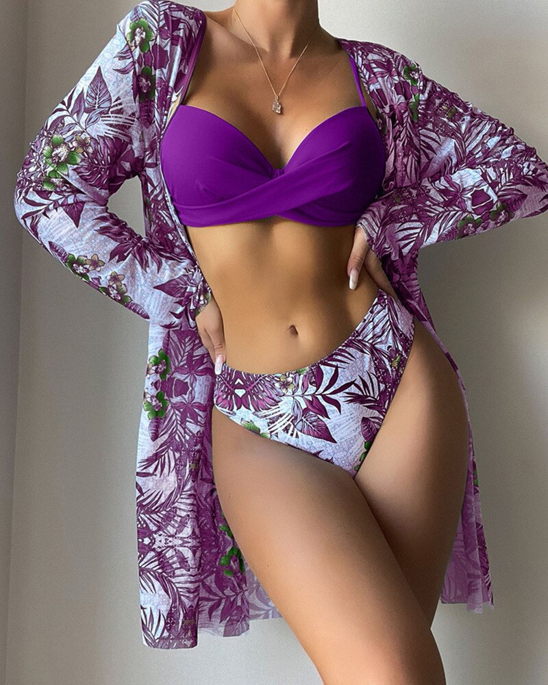 20 Colors Sexy Three Piece Bikinis Set Push Up Swimwear - Swimsuit Plants Print Bathing Suit Bikini Cover Up Banadores Mujer Purple