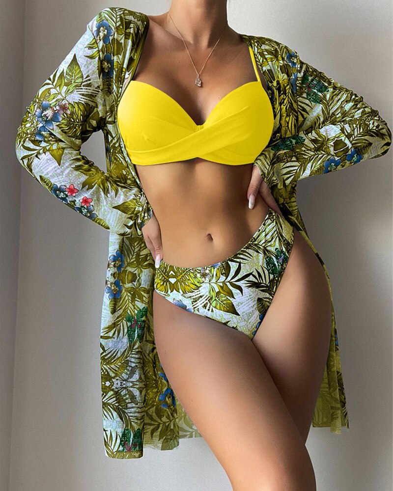 20 Colors Sexy Three Piece Bikinis Set Push Up Swimwear - Swimsuit Plants Print Bathing Suit Bikini Cover Up Banadores Mujer Ginger