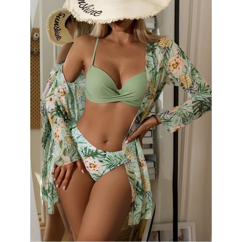 20 Colors Sexy Three Piece Bikinis Set Push Up Swimwear - Swimsuit Plants Print Bathing Suit Bikini Cover Up Banadores Mujer Light Green